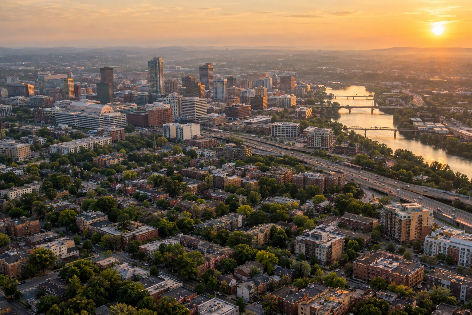 Illustration (AI-generated): an unnamed American city from the air at dusk